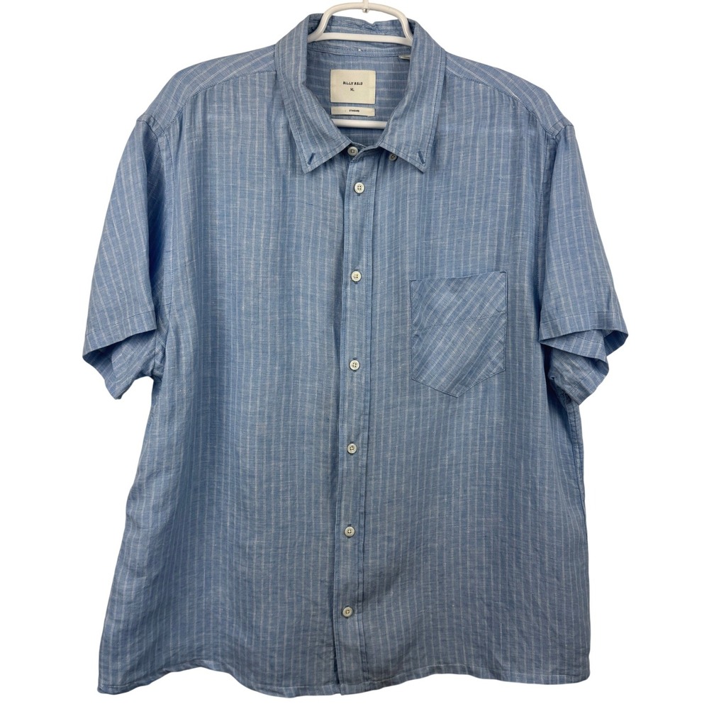 Billy Reid Mens XL Blue White Striped 100% Linen Short Sleeve Button Down Shirt